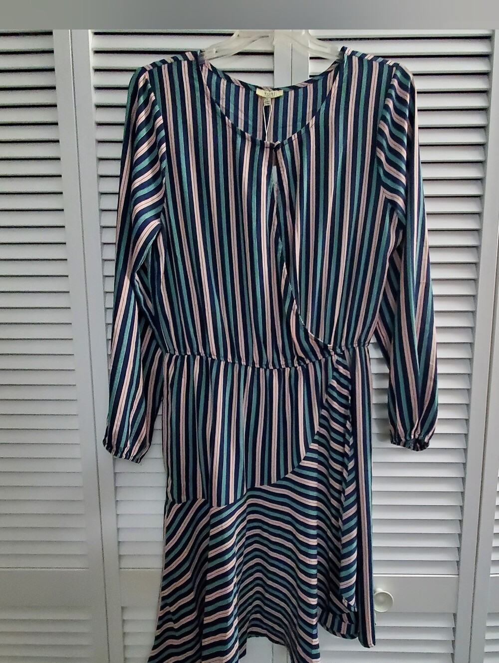 Kori Navy Peach Green Striped Long Sleeve Faux Wrap Dress- NWT- Size L